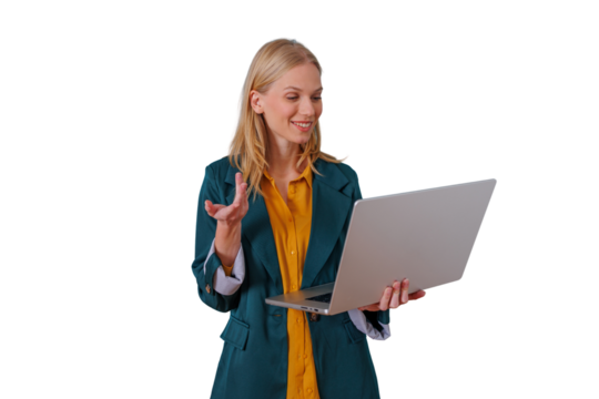 Woman standing and holding a laptop, engaging in a virtual business meeting or online discussion with a cheerful expression - Powered by Adobe