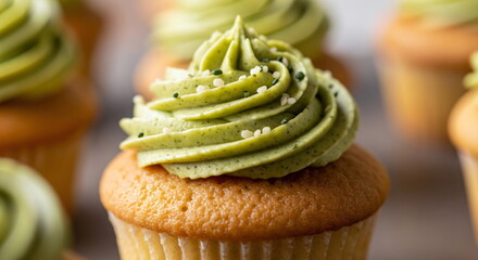 Cupcake with green frosting and dripping glaze and hemp leaf decoration, sweet dessert food for cannabis culture related event