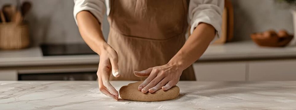 Hand kneading dough on a kitchen table. Homemade baking, culinary creativity, and cozy atmosphere. Perfect for cooking and lifestyle themes