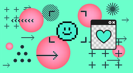 Vector illustration uses a retro digital style with pixel icons, geometric patterns, and gradients in pink, black, and cyan. The playful theme features social media icons and abstract shapes.