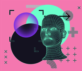 Vector illustration of a wireframe human head and geometric shapes in neon green, purple, and pink in a retro-futuristic, synthwave style. The composition highlights digital 80s-inspired cyber themes.