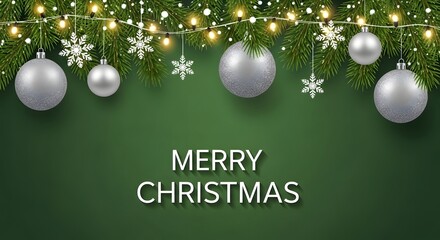 Merry christmas banner with festive decor and silver ornaments on green