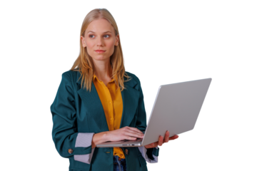 Blonde businesswoman working with laptop, typing and thinking about future plans and digital solutions, transparent background