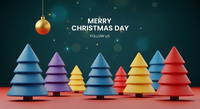 Stylized merry christmas day greeting with colorful trees and golden ornament