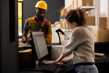 Diverse colleagues ensuring quality control for goods shipment, managing cardboard boxes and supporting e-business operations with accurate packaging and delivery logistics. Dispatch.