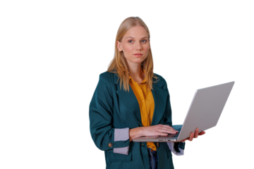 Confident businesswoman holding laptop, working and researching, managing tasks, standing with transparent background