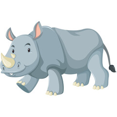 A cartoon gray rhinoceros with a beige horn and pink ears stands on a transparent background