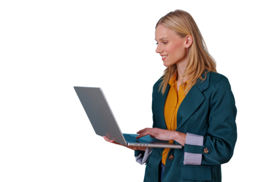 Professional woman standing, smiling and working on laptop, typing with hands on keyboard, cut out on transparent background