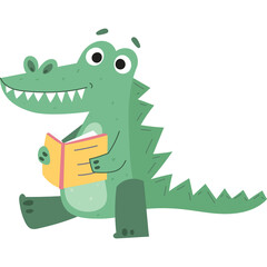 A cheerful green alligator sits reading a yellow and pink book with a happy expression against a white background