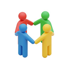 3D team of four people holding hands in circle with colorful figures in red, green, blue, yellow showing unity and teamwork concept