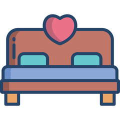 A brown bed with a blue mattress and teal pillows is adorned with a pink heart above the headboard creating a romantic ambiance