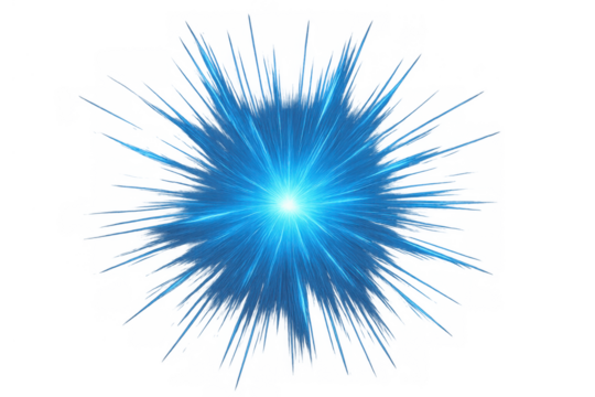 Blue light burst on transparent background, energy explosion with radiating rays, abstract starburst effect