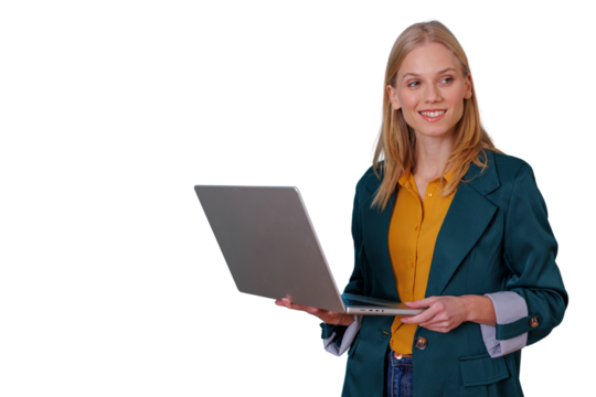 Smiling woman holding a laptop, working on a new project, looking confident and professional on transparent background