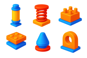 Buffer System Icons. 3D icon set of buffer system elements: hydraulic buffers, spring-loaded bumpers, friction pads, contact
