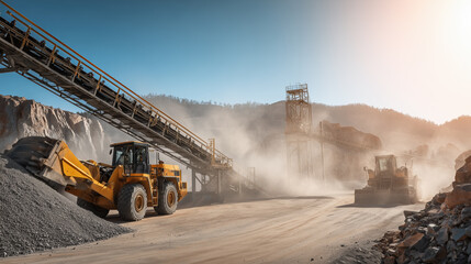 Construction vehicles, including a loader and dozer, move materials at a gravel quarry. Dust clouds rise in the afternoon sun, highlighting the busy industrial activity in the site