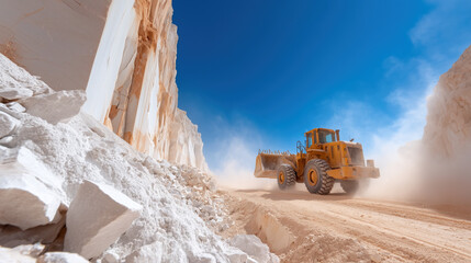 A large yellow loader navigates through a marble quarry, moving large stones amidst dust clouds. The bright blue sky contrasts with the white rock formations, showing active extraction