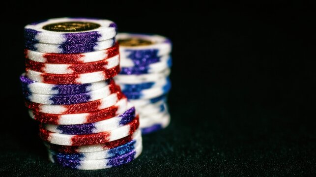 Stacks of Vibrant Red, White, and Blue Poker Chips Against a Dark Backdrop in a Gaming Setting - Powered by Adobe