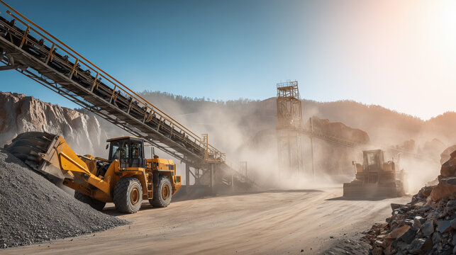 Construction vehicles, including a loader and dozer, move materials at a gravel quarry. Dust clouds rise in the afternoon sun, highlighting the busy industrial activity in the site