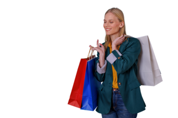 Happy woman enjoying successful shopping, carrying colorful bags, smiling with closed eyes, feeling satisfied, transparent background