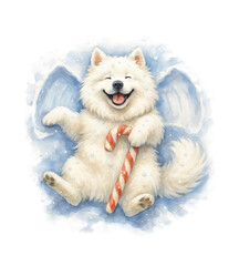 Cute Samoyed Dog Playing with Candy Cane in Snow