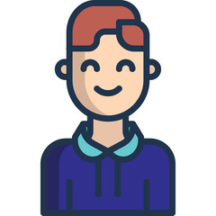 A Cheerful Person with Short Red Hair Wearing a Blue Hoodie and Light Blue Collar Smiling Happily with a Transparent Background