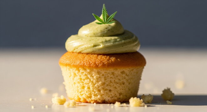 Cupcake with green frosting and dripping glaze and hemp leaf decoration, sweet dessert food for cannabis culture related event - Powered by Adobe