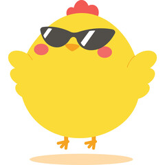 A chubby yellow cartoon chick wearing black sunglasses and pink blush on cheeks stands on orange feet with a light orange shadow underneath on a transparent background with its wings spread slightly