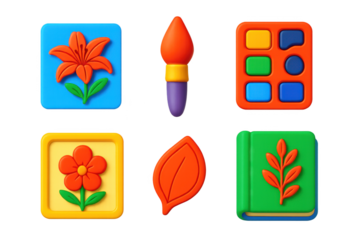 Floral Art Icon Set. 3D icon set of floral art supplies: lily sketch, paintbrush, watercolor palette, pressed flower, petal