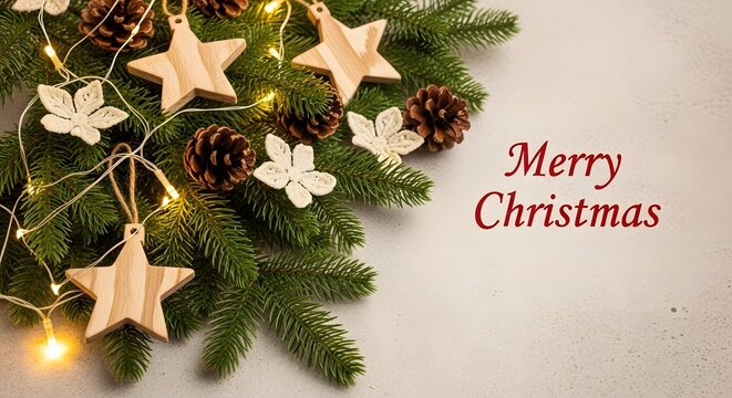 Festive christmas fir branches with pine cones, stars, lights, and red text