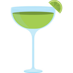 A clear glass coupe cocktail glass filled with a vibrant green beverage and garnished with a fresh lime slice against a transparent background
