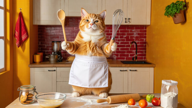 A fluffy ginger cat dressed in a white apron stands on a kitchen counter, holding a wooden spoon and whisk. Colorful vegetables and baking supplies are arranged around it