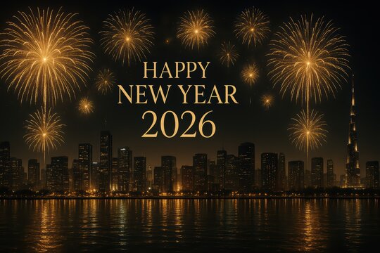 "HAPPY NEW YEAR 2026" text over a cityscape skyline with golden fireworks reflecting on water, holiday greeting, urban celebration, festive wishes concept
