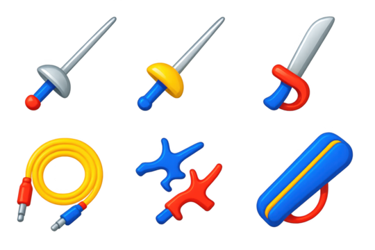 Vibrant Fencing Icons. 3D icon set of fencing equipment: foils, epees, sabres, body cords, pistol grips, weapon bags. A set of