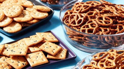 Snack Food Celebration Featuring Assorted Crackers and Pretzels on Blue Table