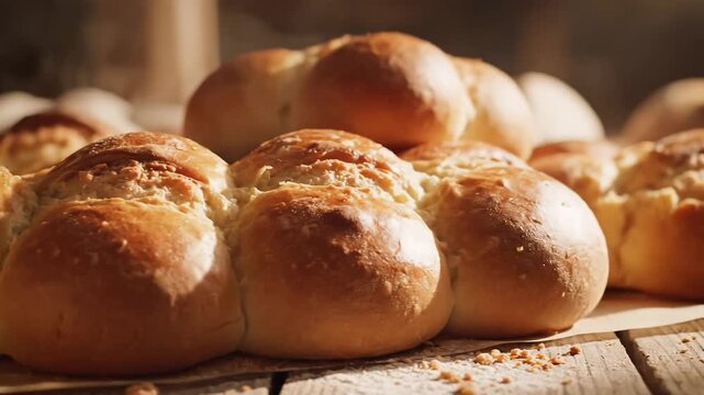 Freshly Baked Golden Brown Bread Rolls in a Rustic Bakery.