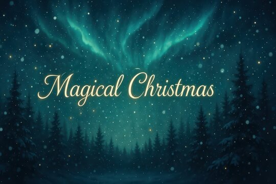 Glowing "Magical Christmas" text over a snowy winter forest scene with evergreen trees and northern lights (Aurora Borealis), holiday season greeting, winter wonderland concept - Powered by Adobe