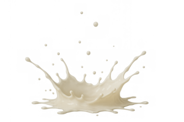 Milk splash crown breaking surface with droplets flying up on a transparent background, representing freshness and dairy products