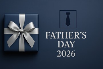Gift box with silver ribbon on dark blue background, father respect appreciation, masculine elegance gratitude, family love celebration, father’s day concept