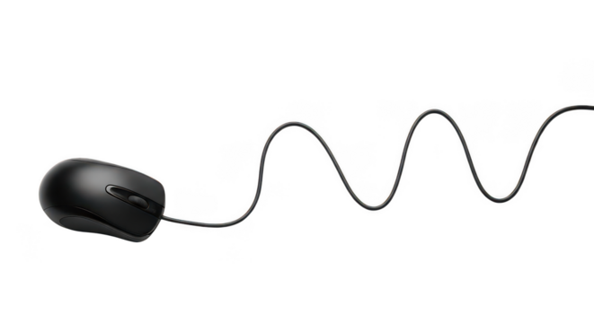 Black Computer Mouse With Wavy Cord On Dark Background
