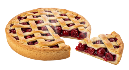 Freshly baked cherry pie with lattice crust and slice cut out