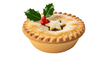 Festive mince pie with holly decoration and star shaped pastry top