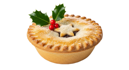 Festive mince pie with holly decoration and star shaped pastry top