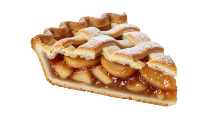 Slice of classic apple pie with lattice crust and powdered sugar