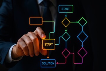 Hand pointing on colorful flowchart start to solution, process mapping, workflow optimization, decision path clarity, management system design, problem solving concept