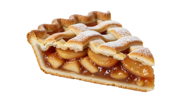 Slice of classic apple pie with lattice crust and powdered sugar