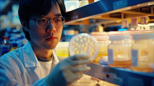 Young man wearing glasses and white lab coat examining petri dish with circular pattern on lid.