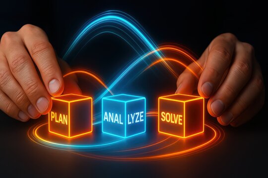 Hands arranging glowing cubes plan analyze solve, business strategy, problem solving process, efficiency management, teamwork success concept