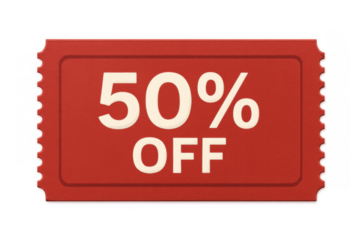 Red 50% off discount ticket tag for retail sales promotion, half price coupon voucher with transparent background