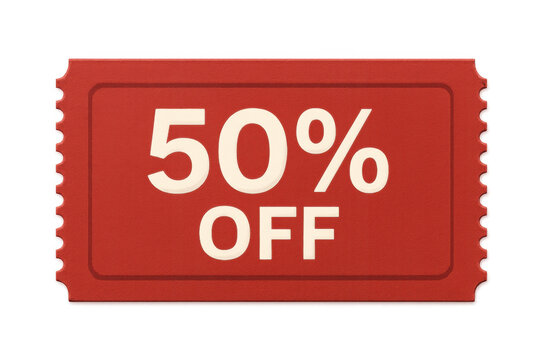 Red 50% off discount ticket tag for retail sales promotion, half price coupon voucher with transparent background