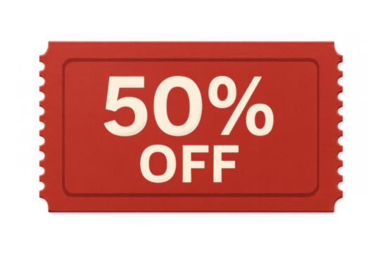 Red 50% off discount ticket tag for retail sales promotion, half price coupon voucher with transparent background